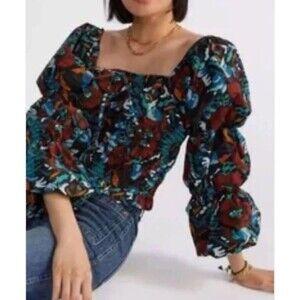 Anthropologie Porridge Tiered Poplin Multicolor Blouse Medium Puff Sleeves